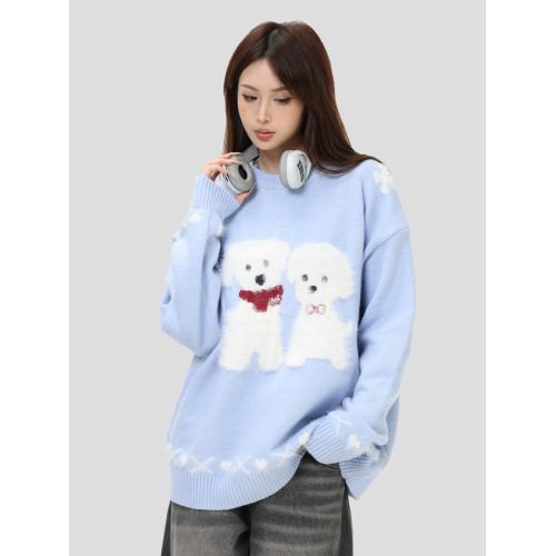 INSstudios 國潮牌美式「毛絨小狗提花套頭毛衣」寬松保暖針織衫