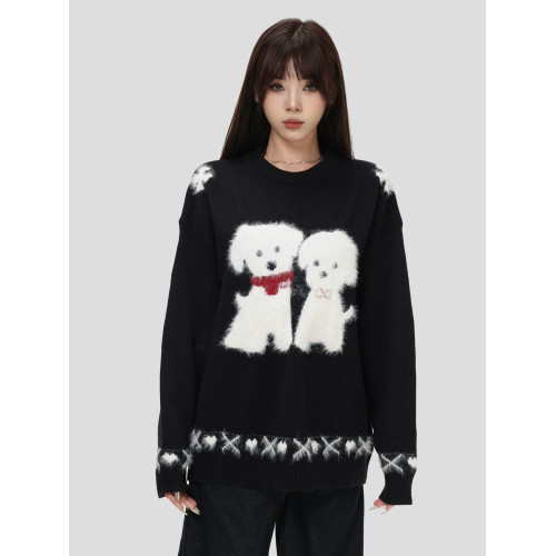 INSstudios 國潮牌美式「毛絨小狗提花套頭毛衣」寬松保暖針織衫