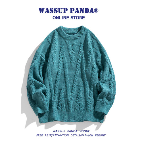 WASSUP PANDA秋冬毛衣男日系慵懶風圓領麻花線衣寬松套頭針織衫