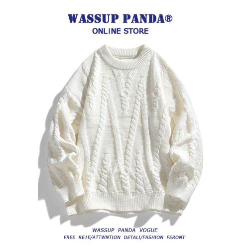 WASSUP PANDA秋冬毛衣男日系慵懶風圓領麻花線衣寬松套頭針織衫