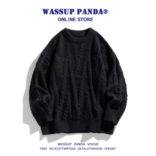 WASSUP PANDA秋冬毛衣男日系慵懶風圓領麻花線衣寬松套頭針織衫