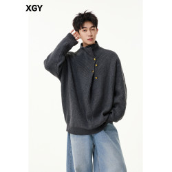 不規則紐釦設計感針織衫男老錢風慵懶休閒打底衫cleanfit立領毛衣