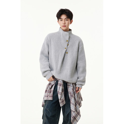 不規則紐釦設計感針織衫男老錢風慵懶休閒打底衫cleanfit立領毛衣