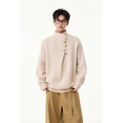 不規則紐釦設計感針織衫男老錢風慵懶休閒打底衫cleanfit立領毛衣