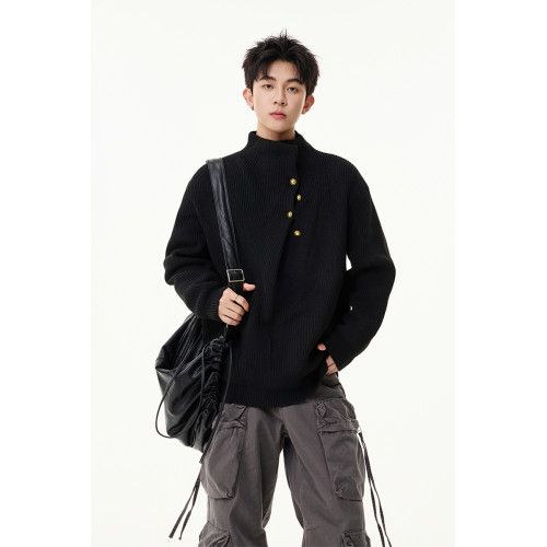 不規則紐釦設計感針織衫男老錢風慵懶休閒打底衫cleanfit立領毛衣