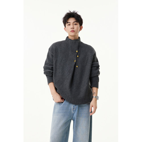 不規則紐釦設計感針織衫男老錢風慵懶休閒打底衫cleanfit立領毛衣