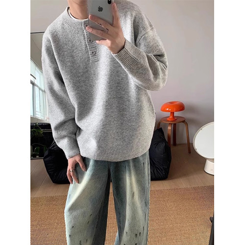 灰色美式亨利領毛衣男款秋冬高級感慵懶風打底針織衫cleanfit內搭