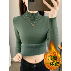 秋冬季半高領加絨加厚毛衣女一體絨打底衫內搭修身針織衫保暖上衣