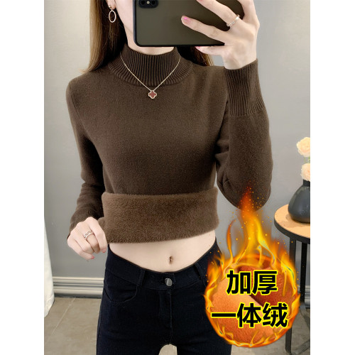 秋冬季半高領加絨加厚毛衣女一體絨打底衫內搭修身針織衫保暖上衣