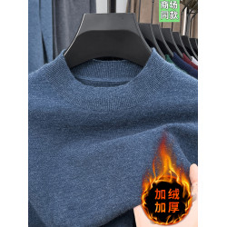 秋冬季新款套頭毛衫半高領加絨加厚針織衫中青年打底休閒保暖毛衣