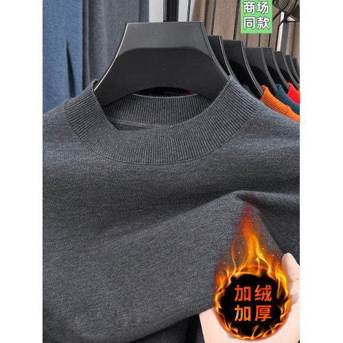 秋冬季新款套頭毛衫半高領加絨加厚針織衫中青年打底休閒保暖毛衣