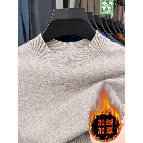 秋冬季新款套頭毛衫半高領加絨加厚針織衫中青年打底休閒保暖毛衣