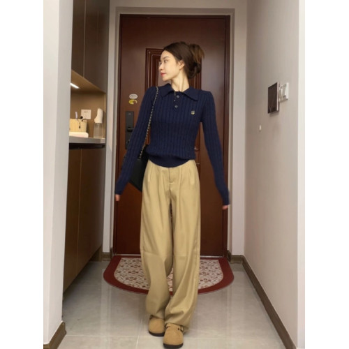 學院風針織衫長袖毛衣女秋冬慵懶軟糯麻花紋polo領修身打底衫上衣