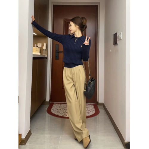 學院風針織衫長袖毛衣女秋冬慵懶軟糯麻花紋polo領修身打底衫上衣