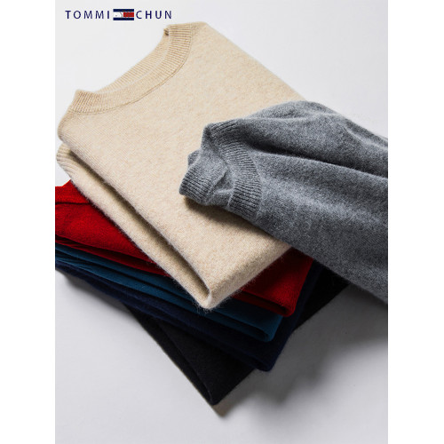 2025冬季湯米羊毛衫男士毛衣圓領加厚純色時尚休閒打底套頭針織衫