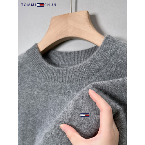 2025冬季湯米羊毛衫男士毛衣圓領加厚純色時尚休閒打底套頭針織衫