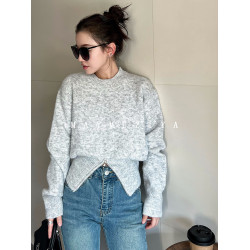 MAY MUZIYA設計感拉鍊開叉毛衣女2025春秋新款圓領針織衫上衣外套