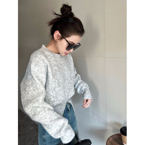 MAY MUZIYA設計感拉鍊開叉毛衣女2025春秋新款圓領針織衫上衣外套