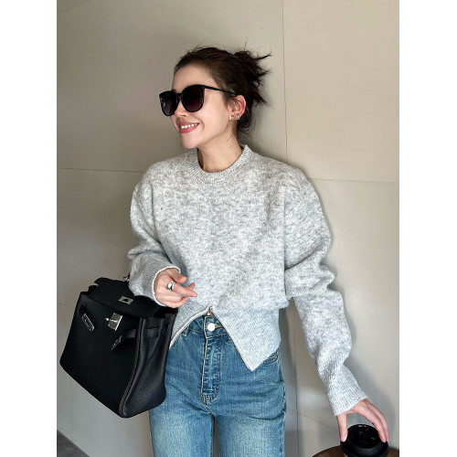 MAY MUZIYA設計感拉鍊開叉毛衣女2025春秋新款圓領針織衫上衣外套