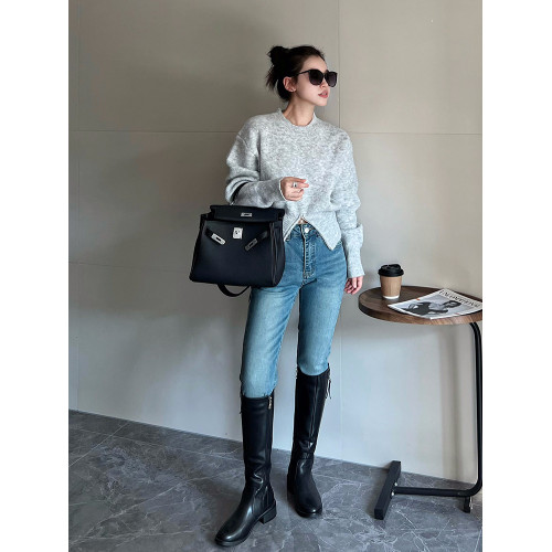 MAY MUZIYA設計感拉鍊開叉毛衣女2025春秋新款圓領針織衫上衣外套