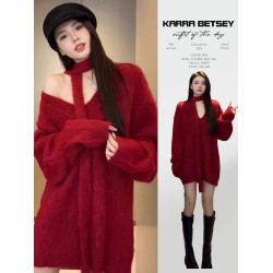 2025新款韓系早秋紅色寬松v領毛衣女秋冬季慵懶風中長款針織上衣