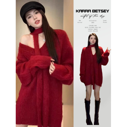 2025新款韓系早秋紅色寬松v領毛衣女秋冬季慵懶風中長款針織上衣