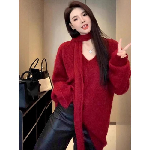 2025新款韓系早秋紅色寬松v領毛衣女秋冬季慵懶風中長款針織上衣