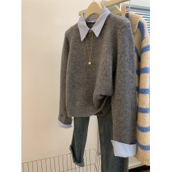 灰色假兩件polo領內搭羊絨毛衣女秋冬短款慵懶風寬松打底針織上衣