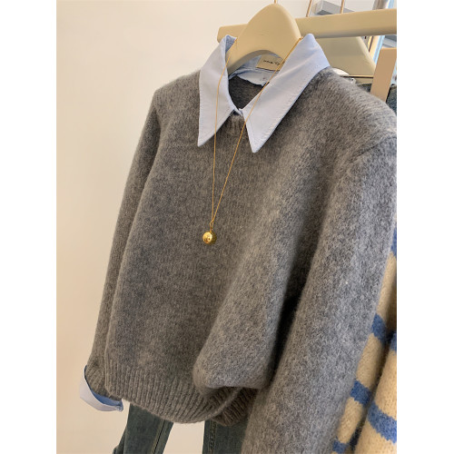 灰色假兩件polo領內搭羊絨毛衣女秋冬短款慵懶風寬松打底針織上衣