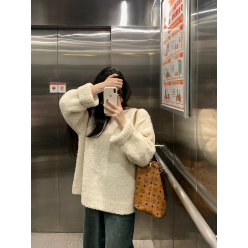 奶乎乎白色鹽毛圈絨溫柔軟糯寬松毛衣女秋冬新款針織衫慵懶風上衣