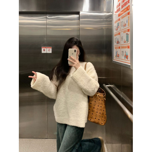 奶乎乎白色鹽毛圈絨溫柔軟糯寬松毛衣女秋冬新款針織衫慵懶風上衣