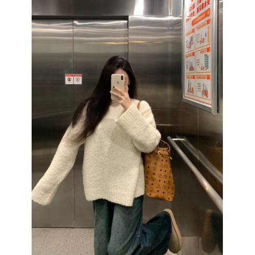 奶乎乎白色鹽毛圈絨溫柔軟糯寬松毛衣女秋冬新款針織衫慵懶風上衣