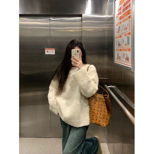 奶乎乎白色鹽毛圈絨溫柔軟糯寬松毛衣女秋冬新款針織衫慵懶風上衣