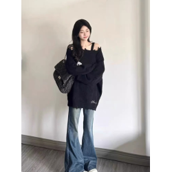 軟糯日系蝴蝶結慵懶風寬松毛衣女士秋冬新款設計感破洞針織衫上衣