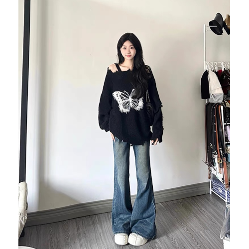 軟糯日系蝴蝶結慵懶風寬松毛衣女士秋冬新款設計感破洞針織衫上衣