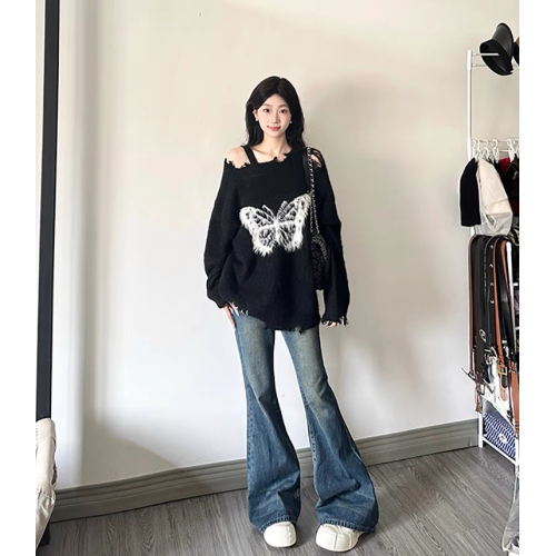 軟糯日系蝴蝶結慵懶風寬松毛衣女士秋冬新款設計感破洞針織衫上衣