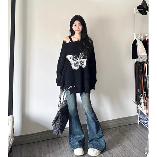 軟糯日系蝴蝶結慵懶風寬松毛衣女士秋冬新款設計感破洞針織衫上衣