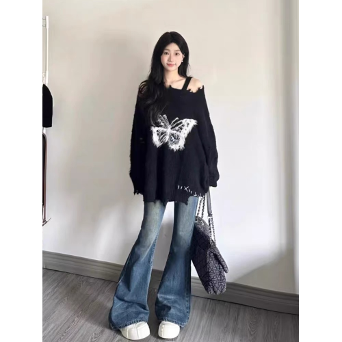 軟糯日系蝴蝶結慵懶風寬松毛衣女士秋冬新款設計感破洞針織衫上衣