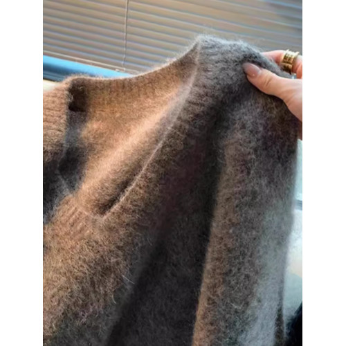 高級感v領水貂絨套頭毛衣女秋冬毛茸茸慵懶軟糯寬松灰色針織上衣