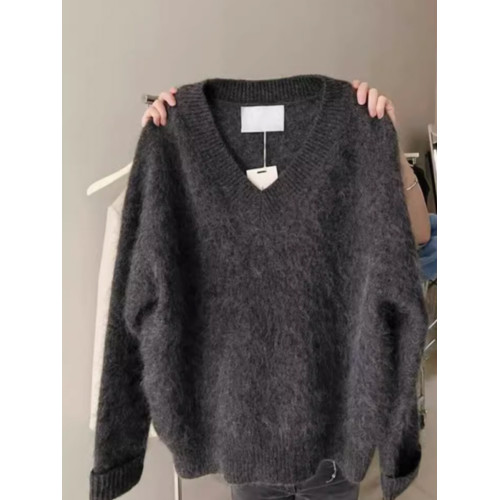 高級感v領水貂絨套頭毛衣女秋冬毛茸茸慵懶軟糯寬松灰色針織上衣