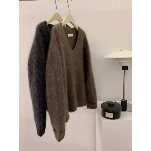 高級感v領水貂絨套頭毛衣女秋冬毛茸茸慵懶軟糯寬松灰色針織上衣