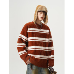 日系慵懶風條紋毛衣男女冬季2024新款加厚圓領針織衫百搭內搭外套