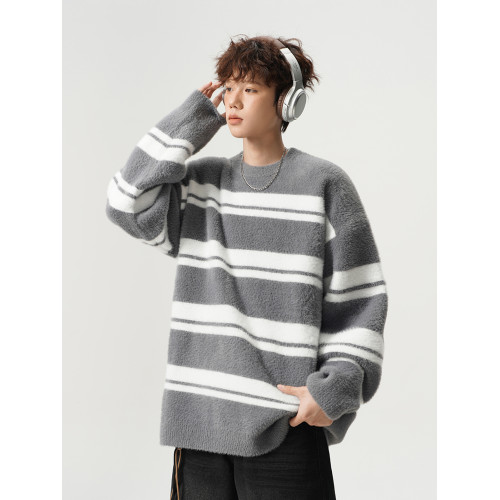日系慵懶風條紋毛衣男女冬季2024新款加厚圓領針織衫百搭內搭外套