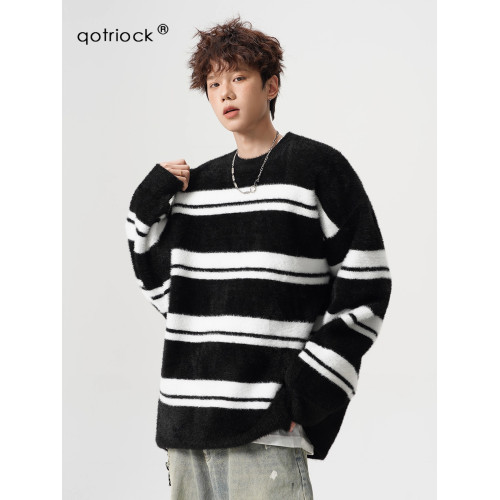 日系慵懶風條紋毛衣男女冬季2024新款加厚圓領針織衫百搭內搭外套