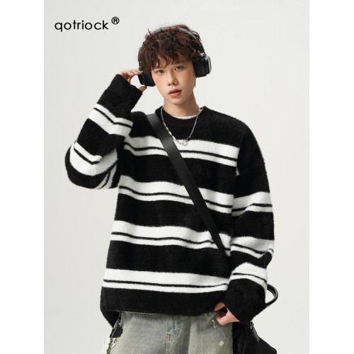 日系慵懶風條紋毛衣男女冬季2024新款加厚圓領針織衫百搭內搭外套