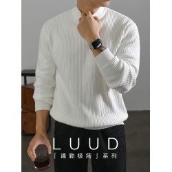 LUUD 白色簡奢坑條紋理感半高領毛衣男士冬季保暖打底針織衫上衣