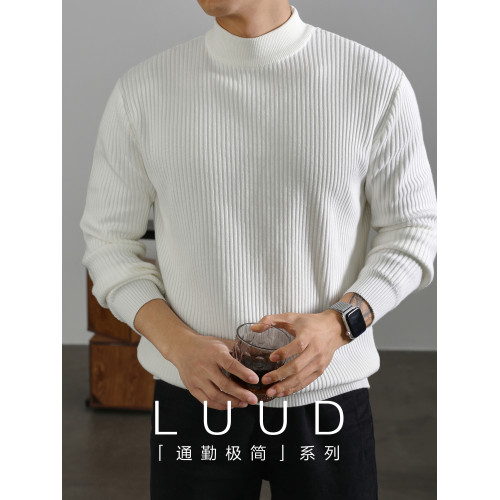 LUUD 白色簡奢坑條紋理感半高領毛衣男士冬季保暖打底針織衫上衣