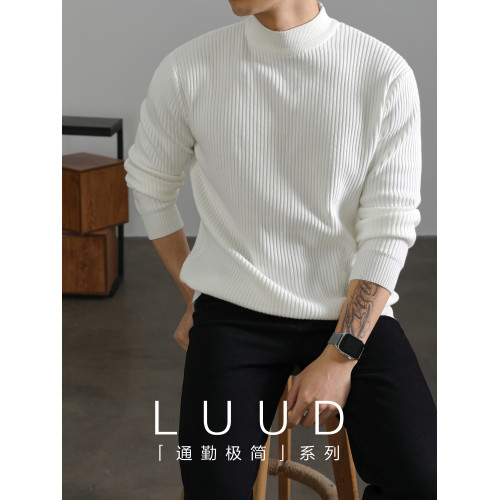 LUUD 白色簡奢坑條紋理感半高領毛衣男士冬季保暖打底針織衫上衣