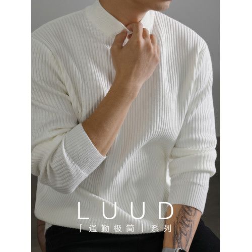 LUUD 白色簡奢坑條紋理感半高領毛衣男士冬季保暖打底針織衫上衣