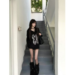 美式辣妹V領露肩毛衣女秋冬寬松慵懶風松弛感套頭長袖針織衫上衣